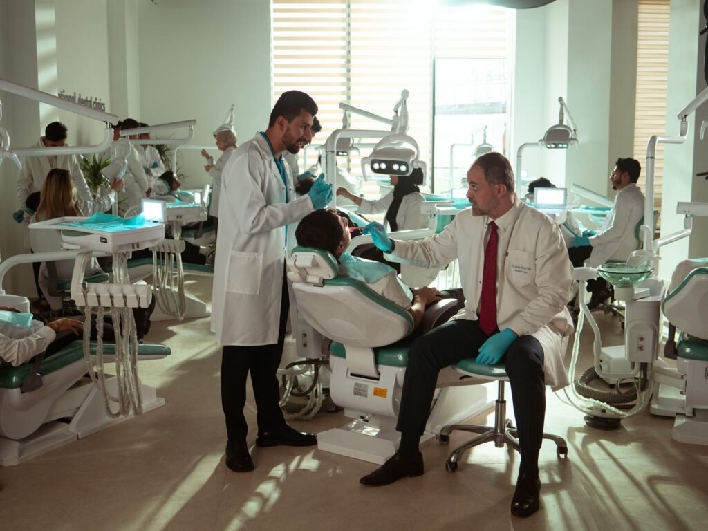 Medical team caring for patients in a modern clinic